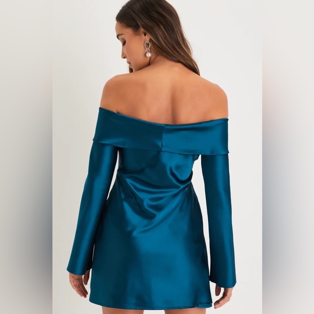 Lulus Luxurious Vision Teal Satin Off-the-Shoulder Mini
Dress - Picture 3 of 7